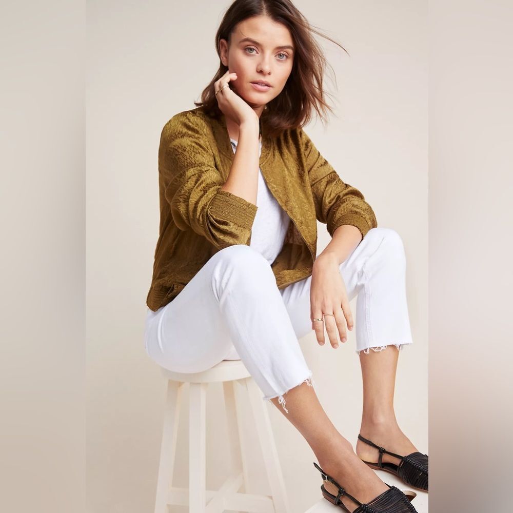 Anthropologie Maeve Silky Front Zip Pockets Smocked Accents Bomber Jacket S